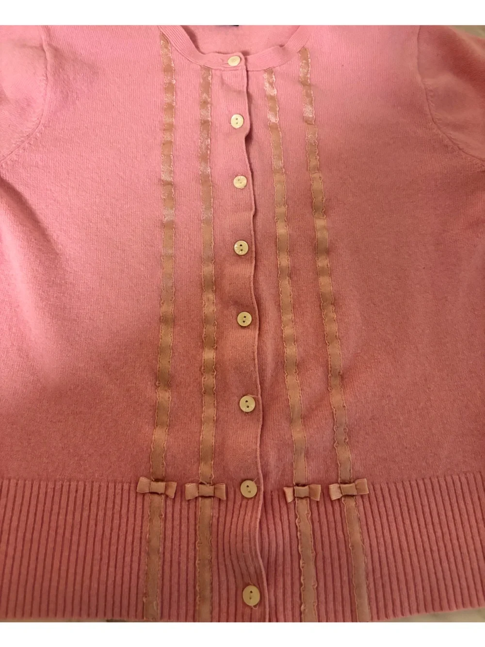 Vintage GAP Blue Label Girls L 10-12 Pink Ribbon Bow Cardigan Sweater Y2K